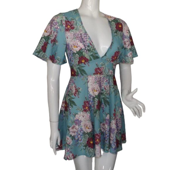 SHOW ME YOUR MUMU Mini Dress, M, Blue/Multicolor Floral, Plunging V-neck - Picture 2 of 13